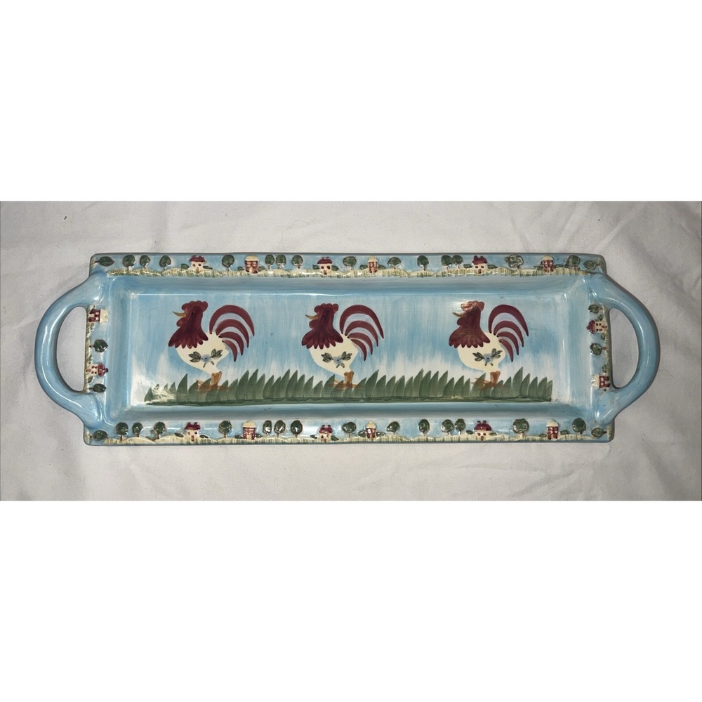 RUSS‎ BERRIE CERAMIC SNACK PLATE /TRAY - HAPPY LITTLE ROOSTERS 15"